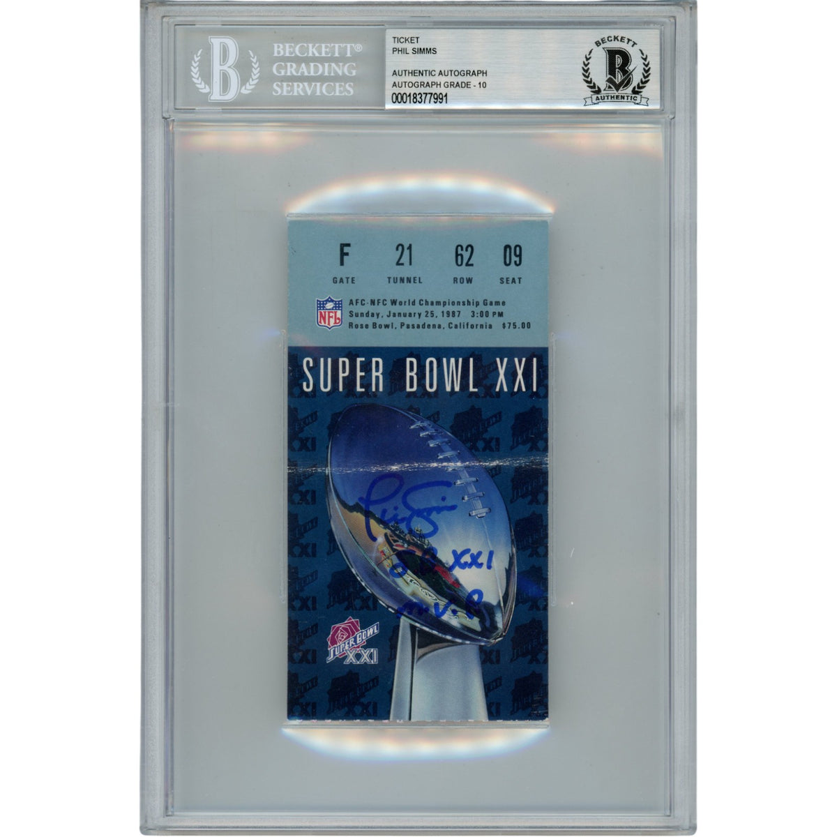 Phil Simms New York Giants Signed Card - Ticket Stub SB XXI MVP Slab Beckett Beckett-Powers Sports Memorabilia