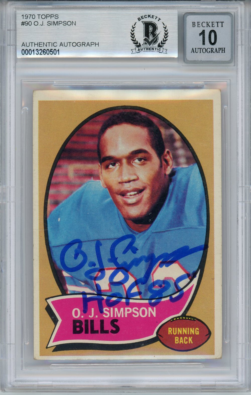 O.J. Simpson Buffalo Bills Signed Card - 1970 Topps #90 Rookie HOF BAS 10 Slab Beckett-Powers Sports Memorabilia