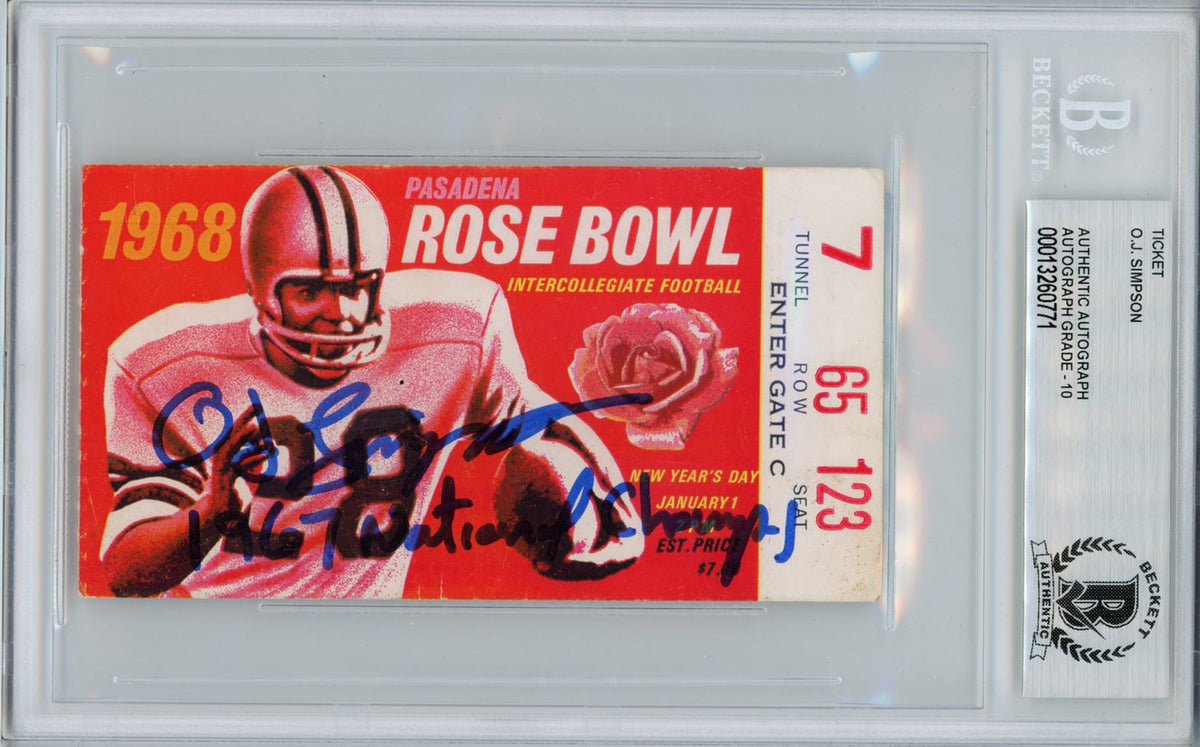 O.J. Simpson USC Trojans Signed Card - 1968 Rose Bowl Ticket National Champs BAS Slab Beckett-Powers Sports Memorabilia
