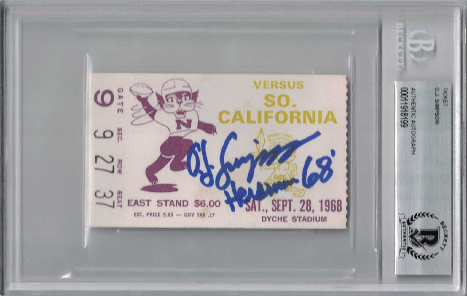 O.J. Simpson USC Trojans Signed Card - 1968 vs Northwestern Ticket Seat 37 Beckett-Powers Sports Memorabilia