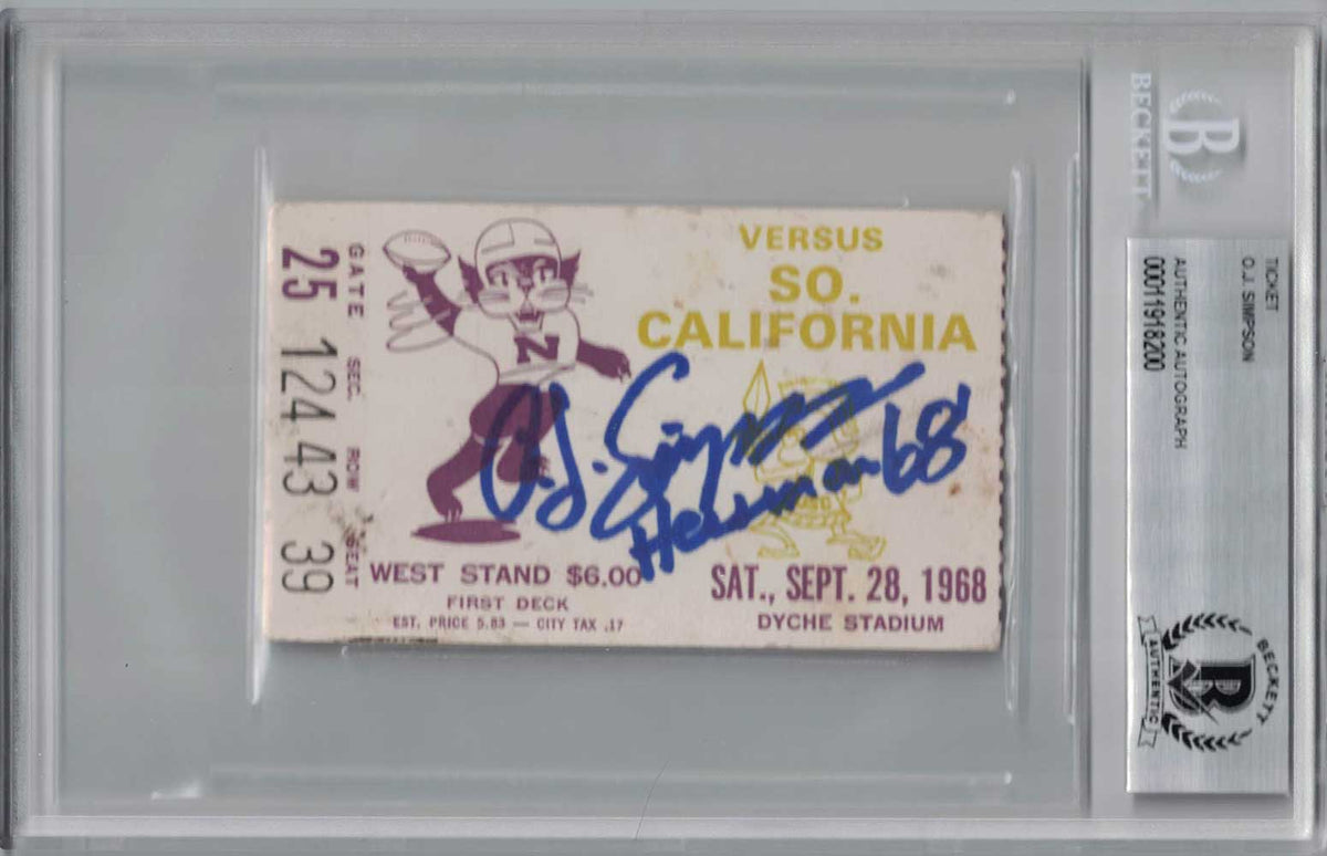 O.J. Simpson USC Trojans Signed Card - 1968 vs Northwestern Ticket Seat 39 Beckett-Powers Sports Memorabilia