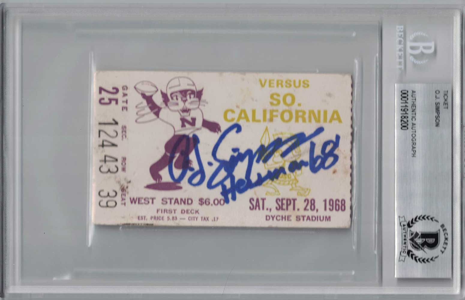 O.J. Simpson USC Trojans Signed Card - 1968 vs Northwestern Ticket Seat 39 Beckett-Powers Sports Memorabilia