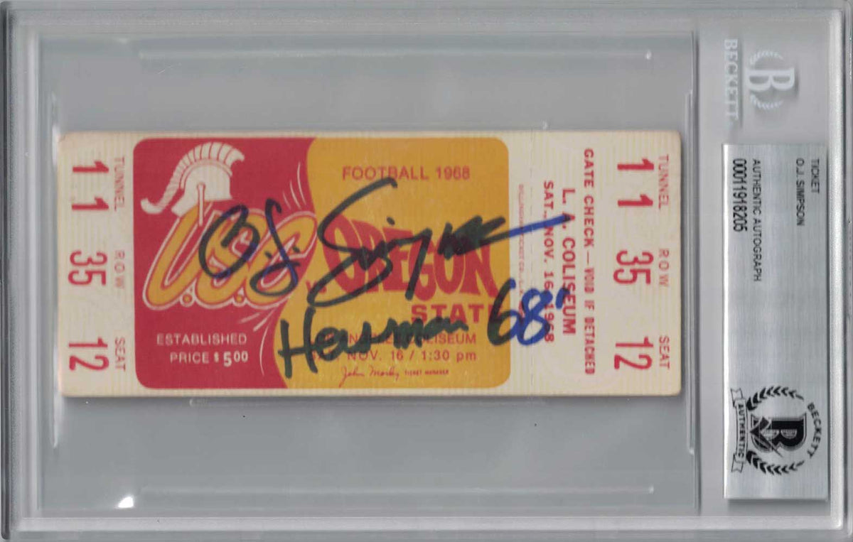 O.J. Simpson USC Trojans Signed Card - 1968 vs Oregon State Ticket Seat 12 Beckett-Powers Sports Memorabilia