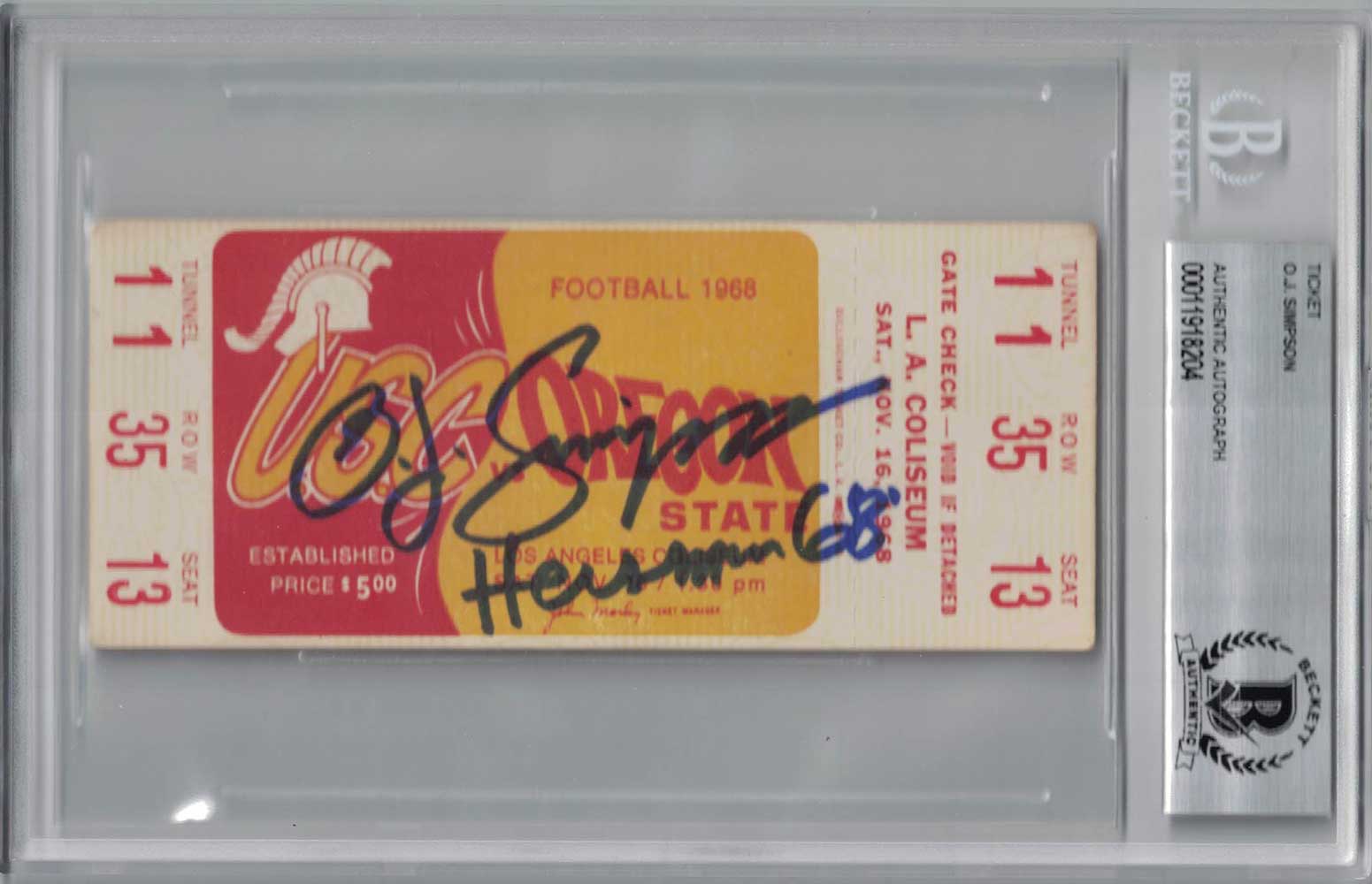 O.J. Simpson USC Trojans Signed Card - 1968 vs Oregon State Ticket Seat 13 Beckett-Powers Sports Memorabilia