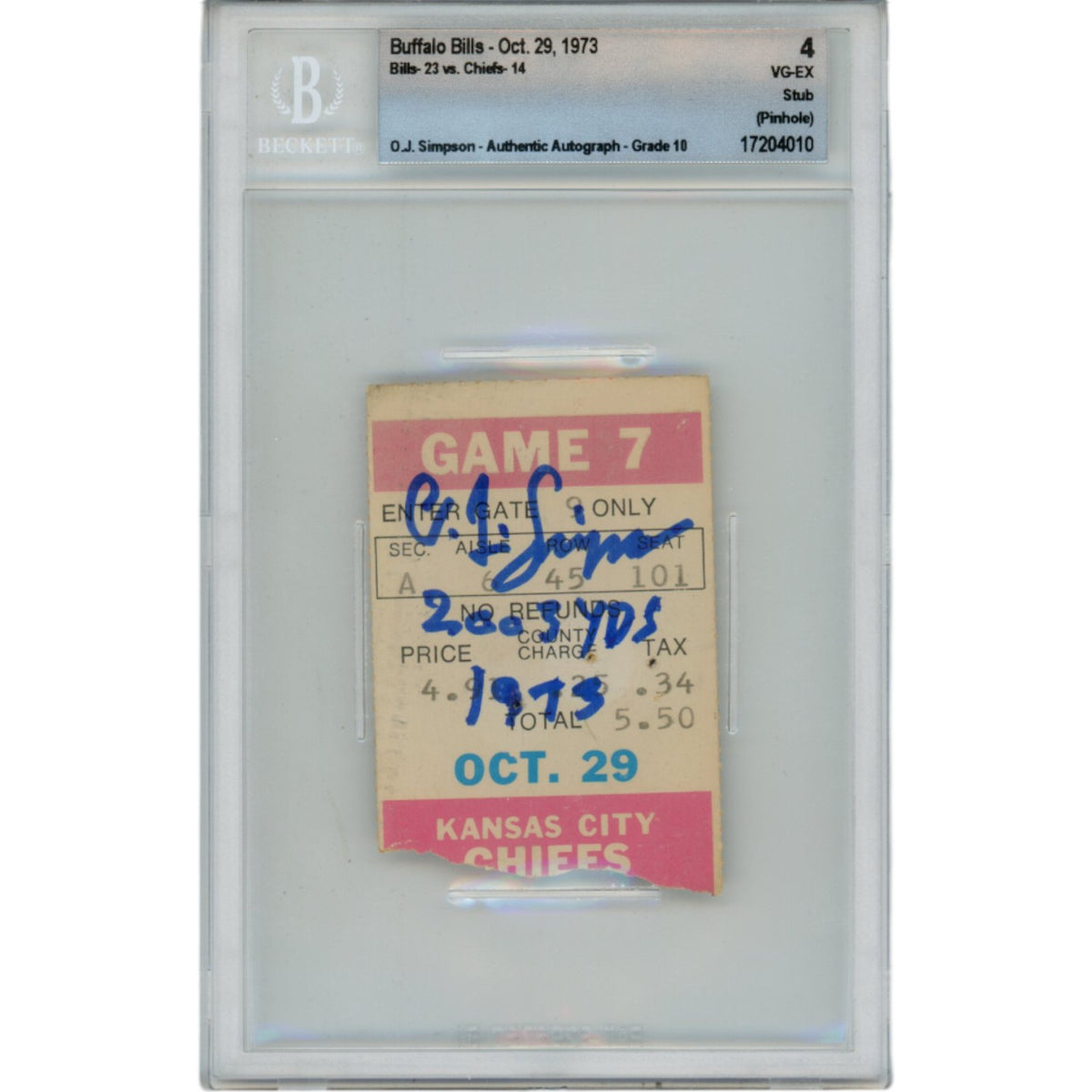 OJ Simpson Buffalo Bills Signed Card - 10/29/73 Ticket Stub 2003 yds Beckett Beckett-Powers Sports Memorabilia