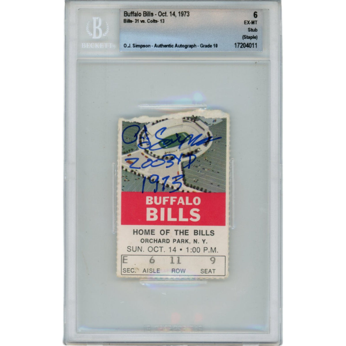OJ Simpson Buffalo Bills Signed Card - 10/14/73 Ticket Stub 2003 yds Beckett Beckett-Powers Sports Memorabilia
