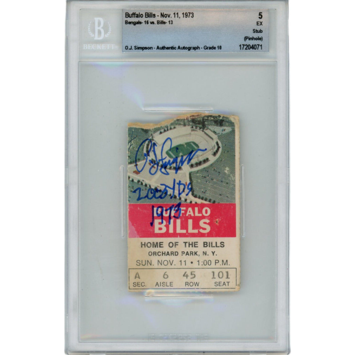 OJ Simpson Buffalo Bills Signed Card - 11/11/73 Ticket Stub 2003 yds Beckett Beckett-Powers Sports Memorabilia