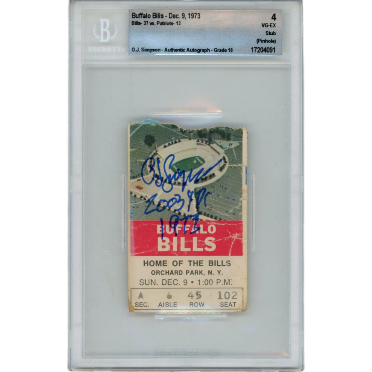 OJ Simpson Buffalo Bills Signed Card - 12/09/73 Ticket Stub 2003 yds Beckett Beckett-Powers Sports Memorabilia