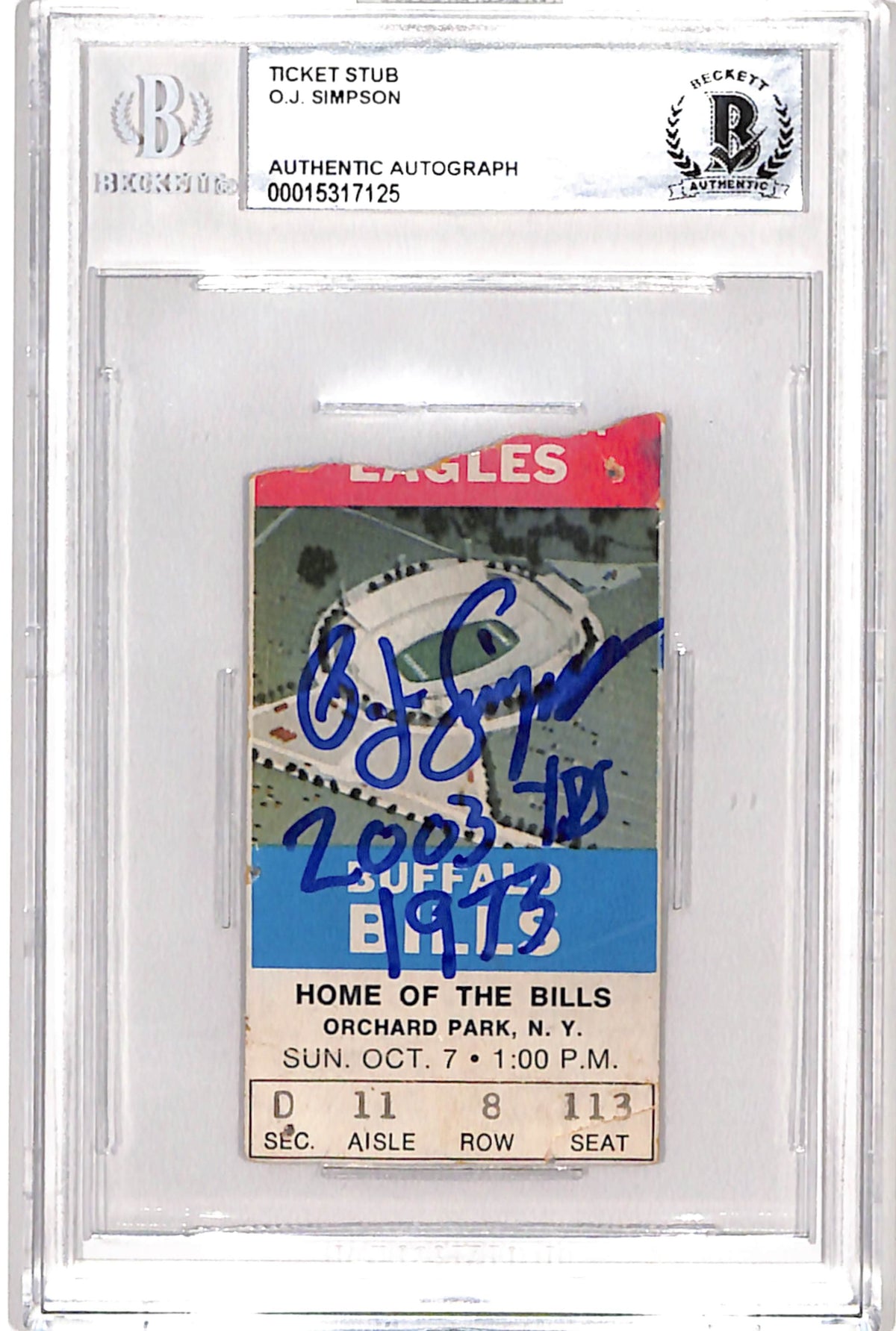 OJ Simpson Buffalo Bills Signed Card - 10/07/73 Ticket Stub Insc. Beckett Beckett-Powers Sports Memorabilia