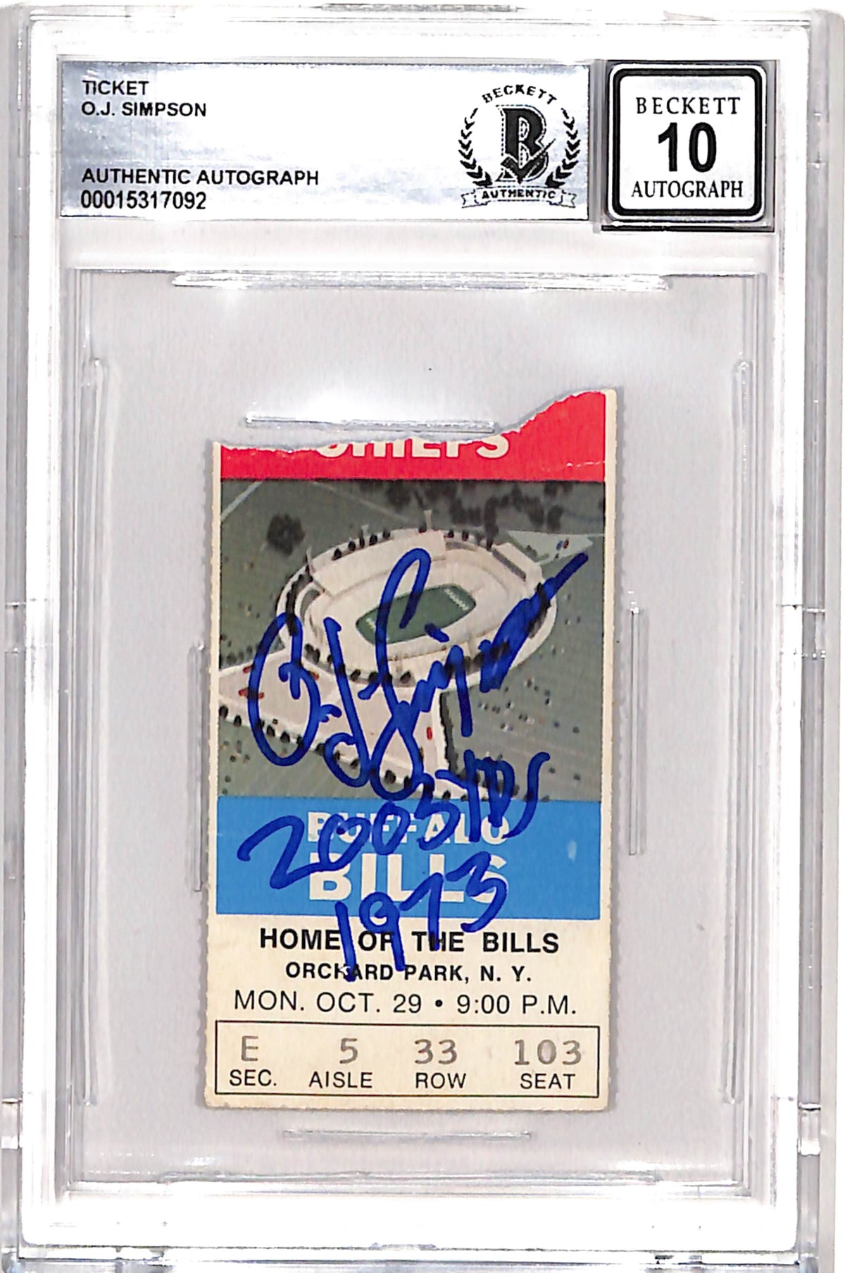 OJ Simpson Buffalo Bills Signed Card - 10/29/73 Ticket Stub Insc. Grade 10 Auto Beckett Beckett-Powers Sports Memorabilia