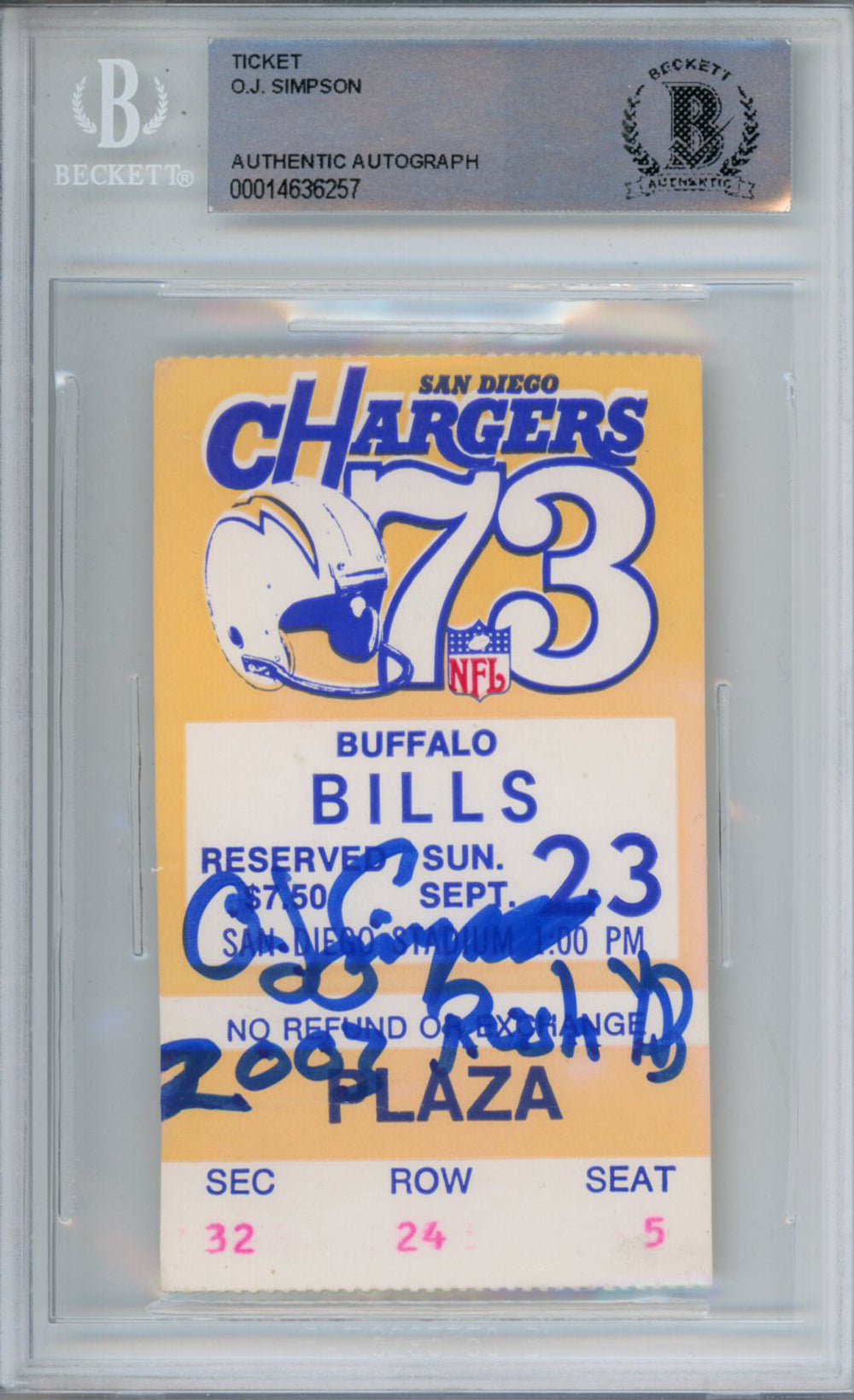 O.J. Simpson Buffalo Bills Signed Card - 9/23/1973 Ticket Stub 2003 Rush Yds Beckett Slab Beckett-Powers Sports Memorabilia