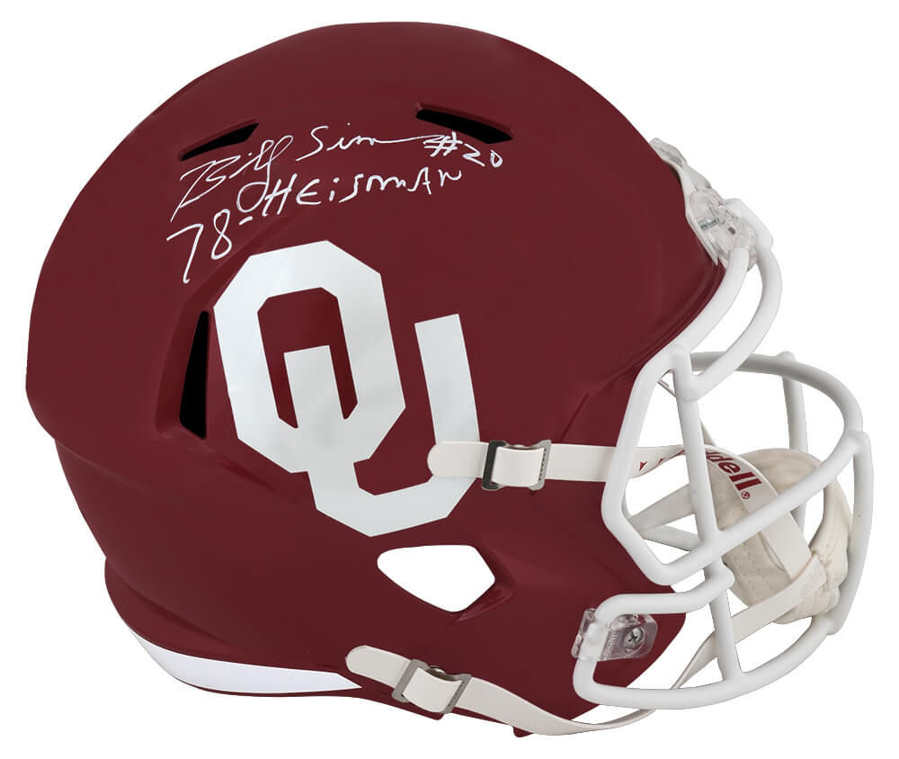 Billy Sims Autographed Oklahoma Sooners Riddell Full Size Speed Replica Helmet with 78 Heisman (White Ink)-Powers Sports Memorabilia