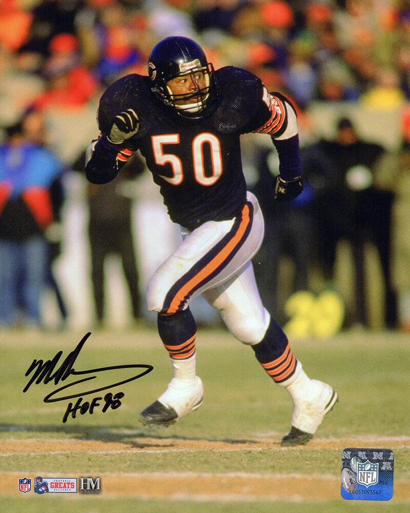 Mike Singletary Autographed Chicago Bears Navy Jersey Action 8x10 Photo with HOF'98 (In Black)-Powers Sports Memorabilia