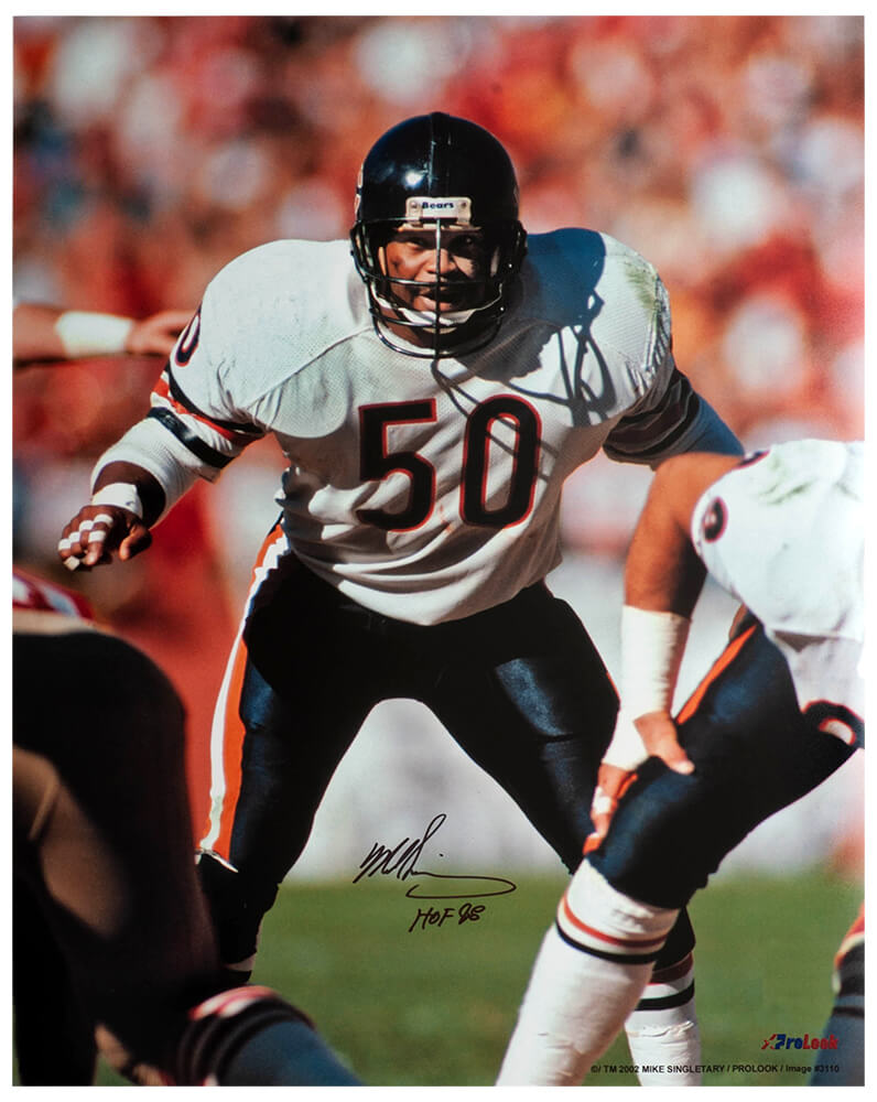 Mike Singletary Chicago Bears Autographed White Jersey Action 16x20 Photo-Powers Sports Memorabilia
