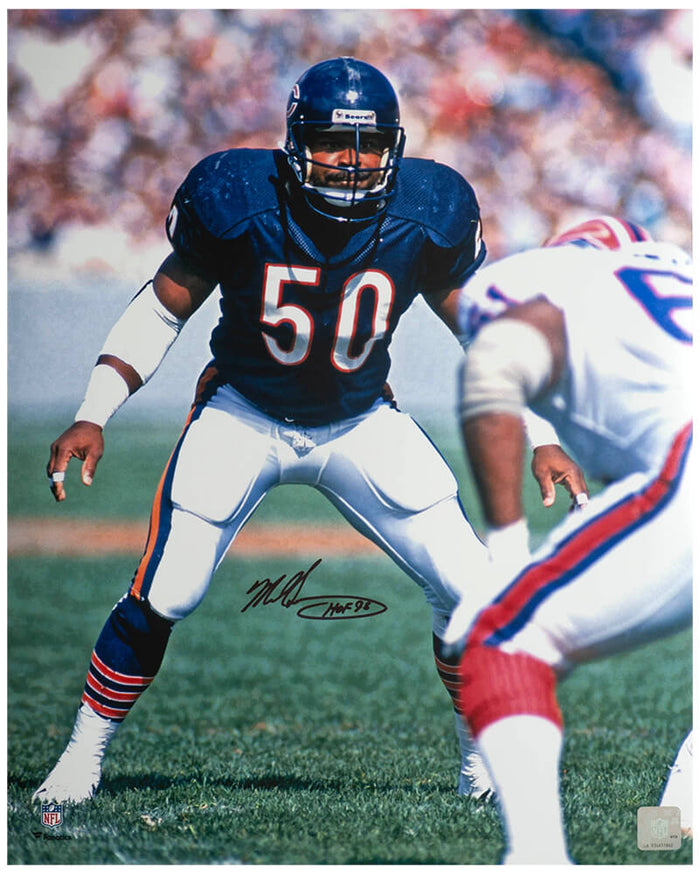 Mike Singletary Autographed Chicago Bears Navy Jersey Action vs Bills 16x20 Photo with HOF'98-Powers Sports Memorabilia