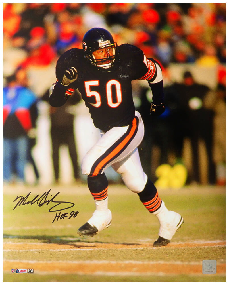 Mike Singletary Autographed Chicago Bears Navy Jersey Action 16x20 Photo with HOF'98-Powers Sports Memorabilia
