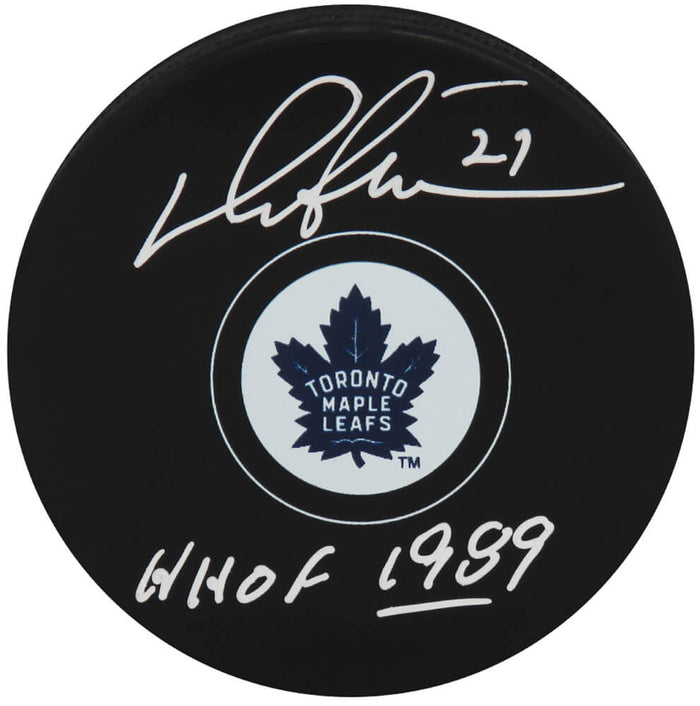Darryl Sittler Autographed Maple Leafs Logo Hockey Puck with HHOF 1989-Powers Sports Memorabilia