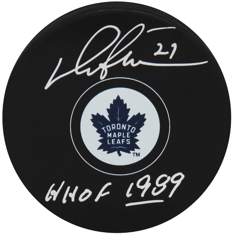 Darryl Sittler Autographed Maple Leafs Logo Hockey Puck with HHOF 1989-Powers Sports Memorabilia