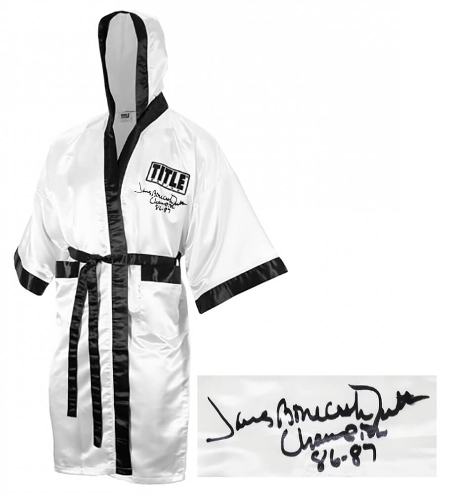 James Smith Autographed Title White Full Length Boxing Robe with Bonecrusher, Champ 86 87-Powers Sports Memorabilia