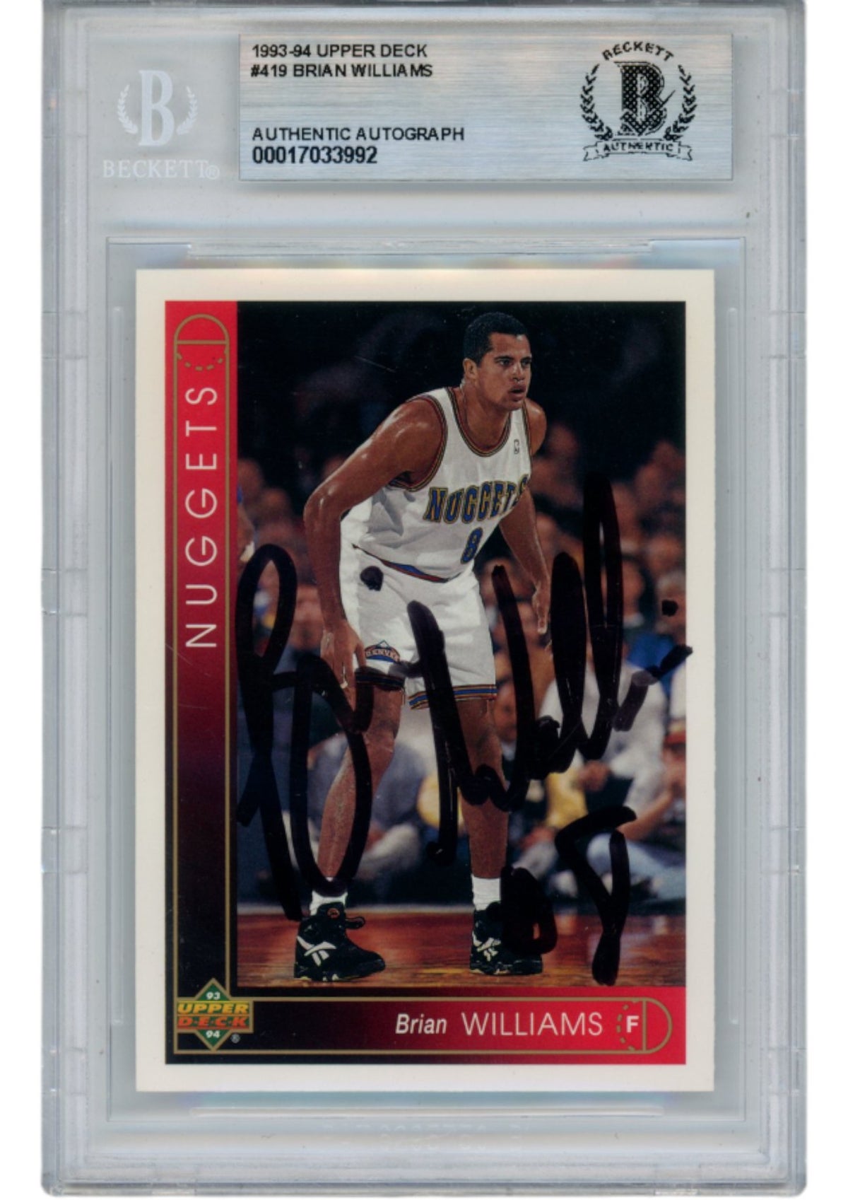 Brian Williams Denver Nuggets Signed Card - 93-94 Upper Deck #419 Slab Beckett Beckett-Powers Sports Memorabilia