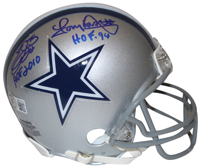 Emmitt Smith & Tony Dorsett Signed Cowboys VSR4 Mini Helmet HOF – Beckett Authenticated-Powers Sports Memorabilia