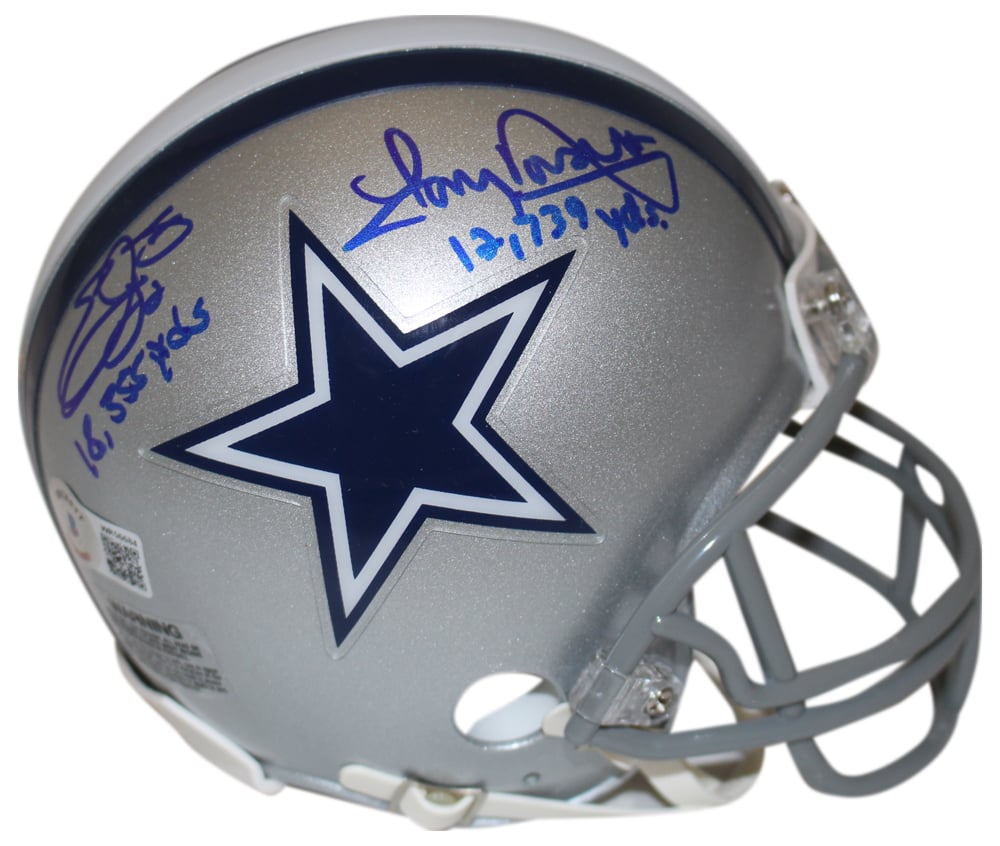 Emmitt Smith & Tony Dorsett Signed Dallas Cowboys VSR4 Mini Helmet – Beckett Authenticated-Powers Sports Memorabilia