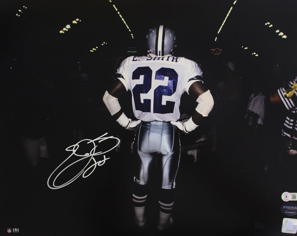 Emmitt Smith Signed Dallas Cowboys 16x20 Photo – White Ink – Beckett Authenticated-Powers Sports Memorabilia