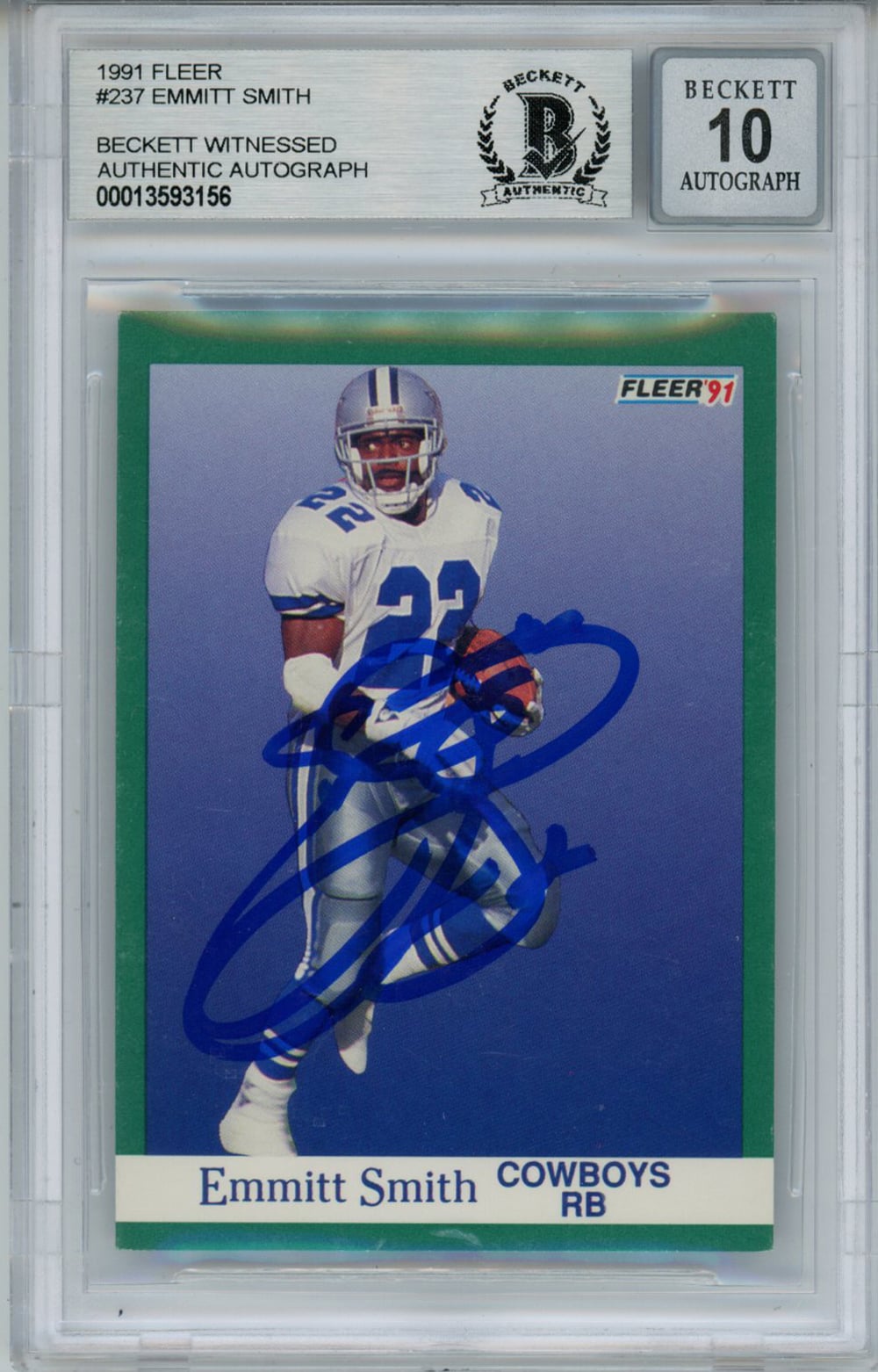 Emmitt Smith 1991 Fleer #237 Trading Signed Card Beckett 10 Slab Beckett-Powers Sports Memorabilia