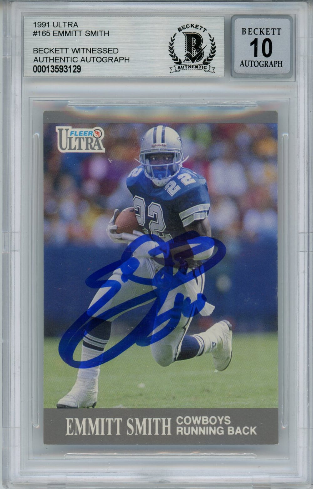 Emmitt Smith Dallas Cowboys Signed Card - 1991 Ultra #165 Beckett 10 Slab Beckett-Powers Sports Memorabilia