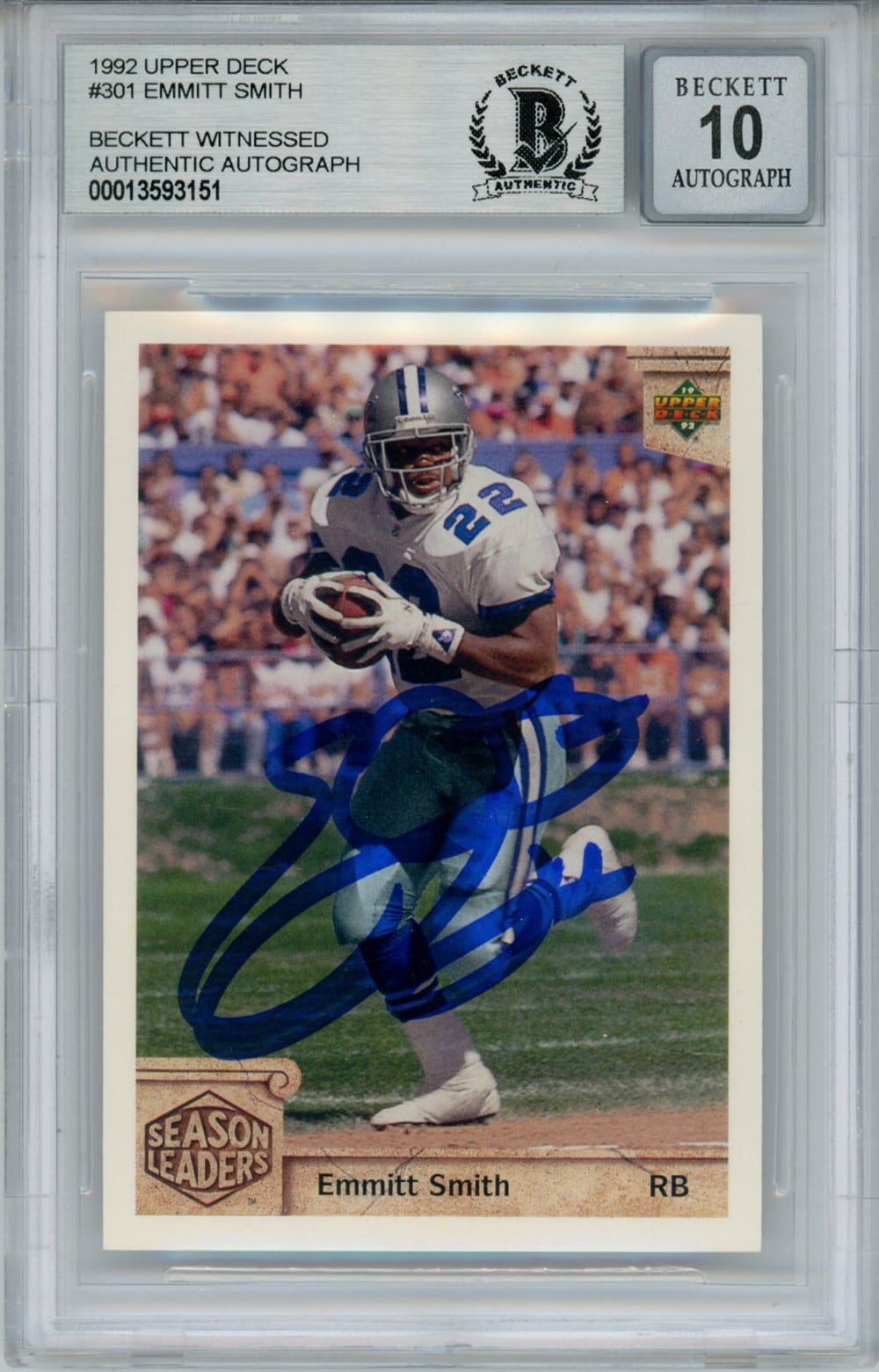 Emmitt Smith Dallas Cowboys Signed Card - 1992 Upper Deck #301 Beckett 10 Slab Beckett-Powers Sports Memorabilia