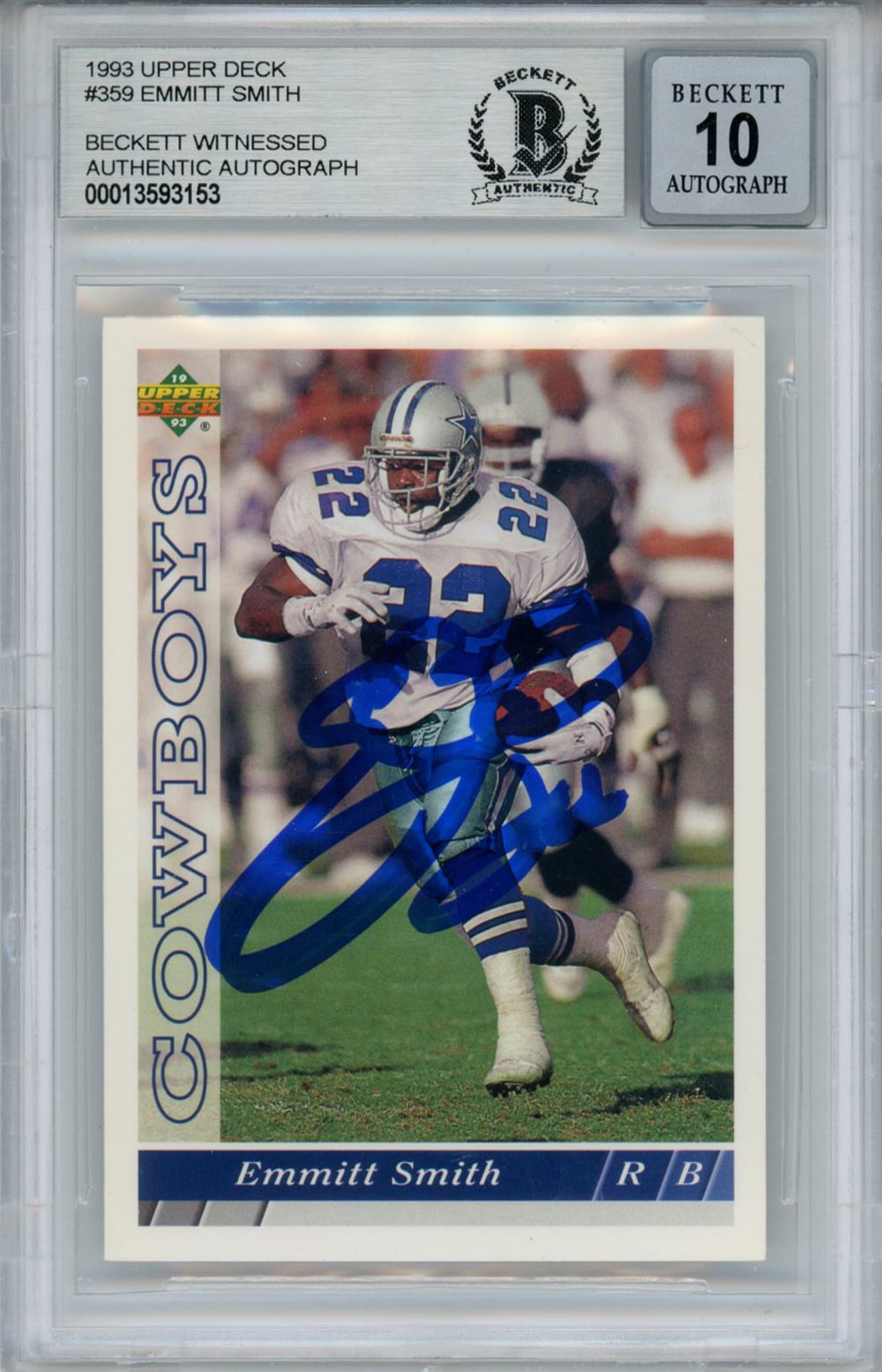 Emmitt Smith Dallas Cowboys Signed Card - 1993 Upper Deck #359 Beckett 10 Slab Beckett-Powers Sports Memorabilia