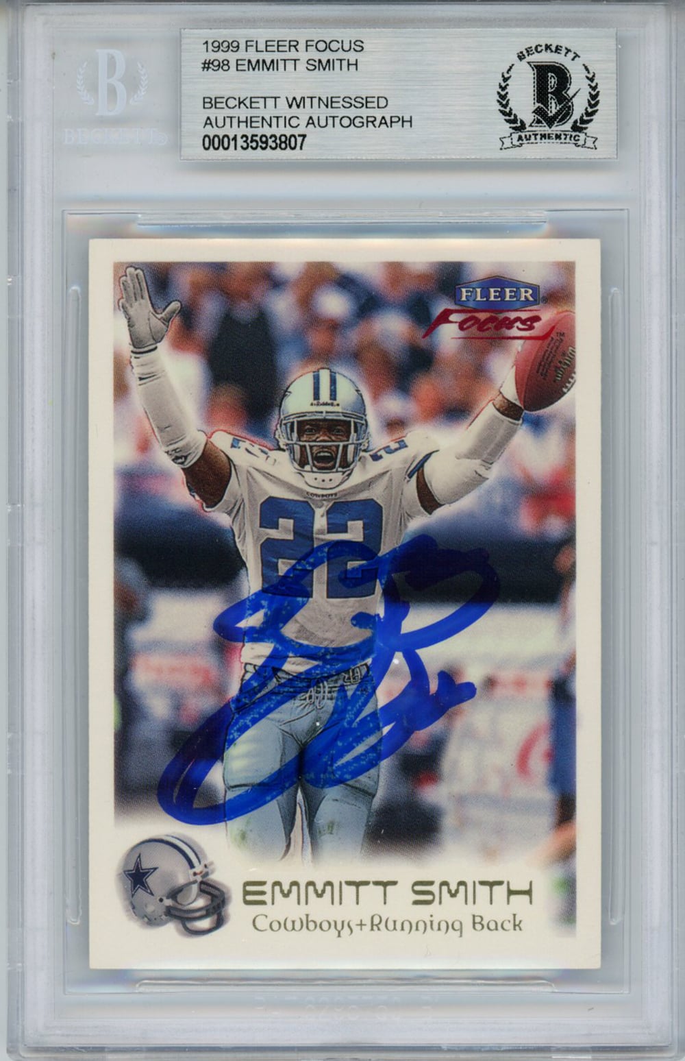Emmitt Smith Dallas Cowboys Signed Card - 1999 Fleer Focus #98 Beckett Slab Beckett-Powers Sports Memorabilia