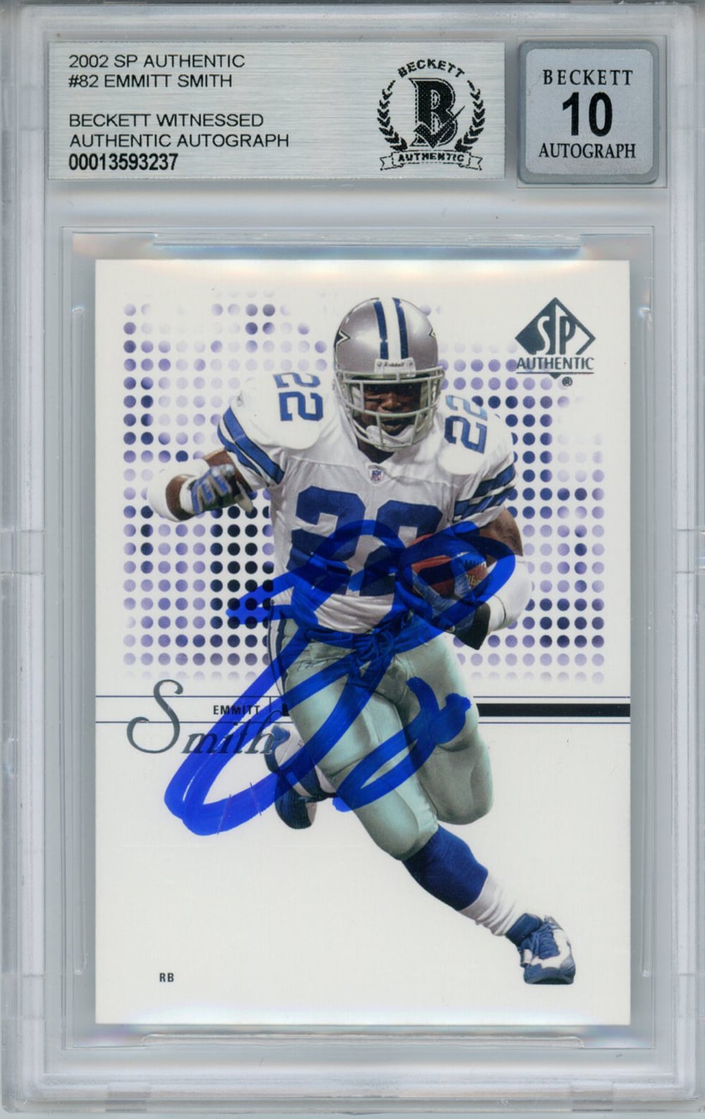 Emmitt Smith Dallas Cowboys Signed Card - 2002 SP Authentic #82 Beckett 10 Slab Beckett-Powers Sports Memorabilia