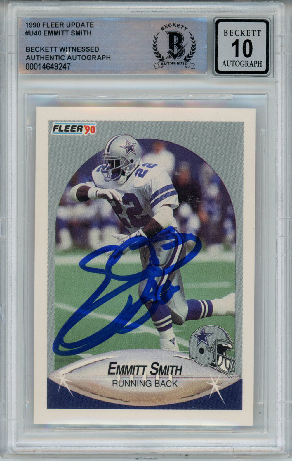 Emmitt Smith Dallas Cowboys Signed Card - 1990 Fleer U-40 Rookie Beckett 10 Slab Beckett - 39269-Powers Sports Memorabilia