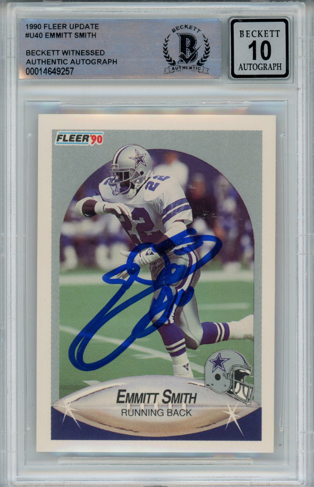 Emmitt Smith Dallas Cowboys Signed Card - 1990 Fleer U-40 Rookie Beckett 10 Slab Beckett - 39288-Powers Sports Memorabilia