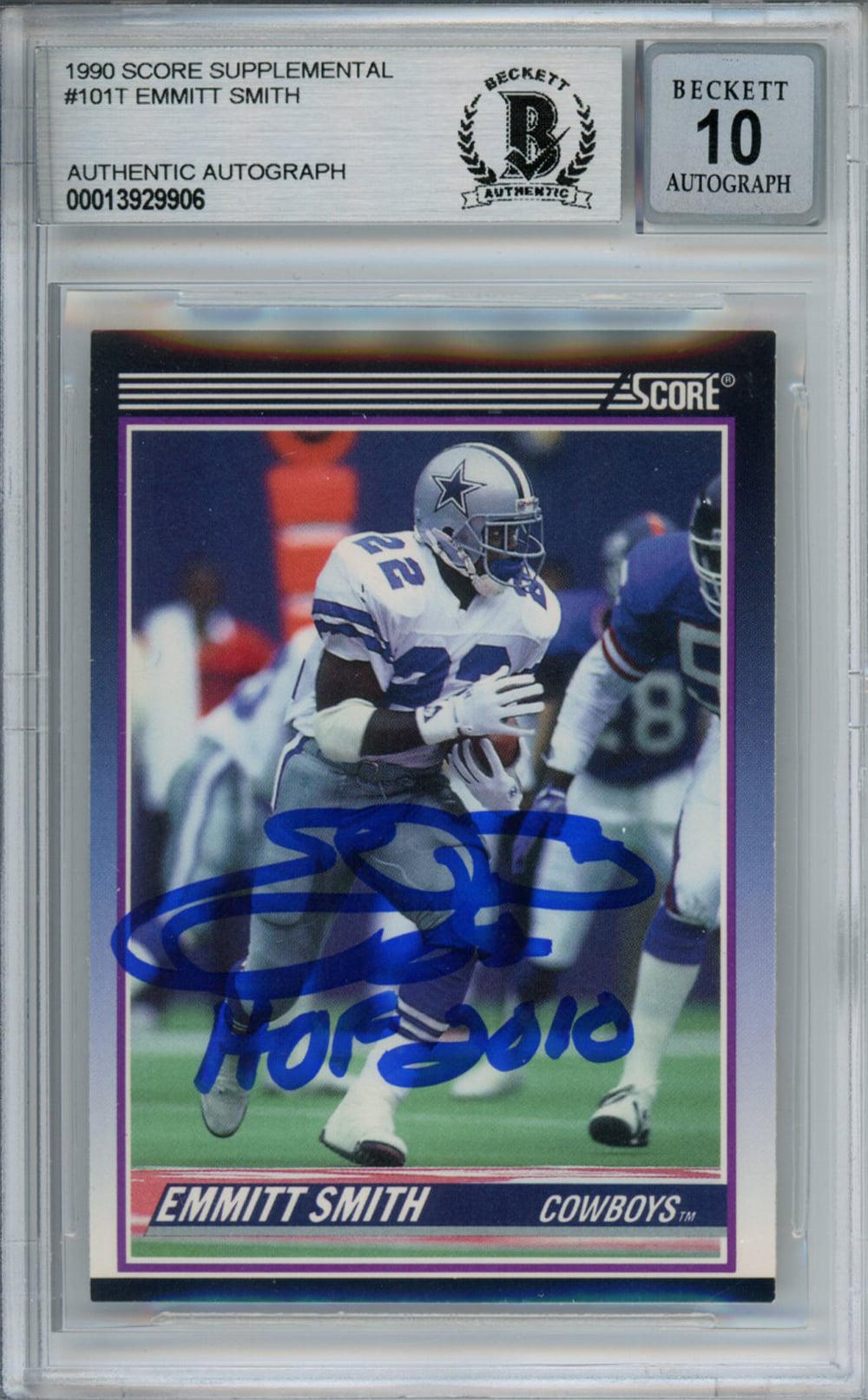 Emmitt Smith Dallas Cowboys Signed Card - 1990 Score #101T Rookie HOF Beckett Slab Beckett - 37612-Powers Sports Memorabilia