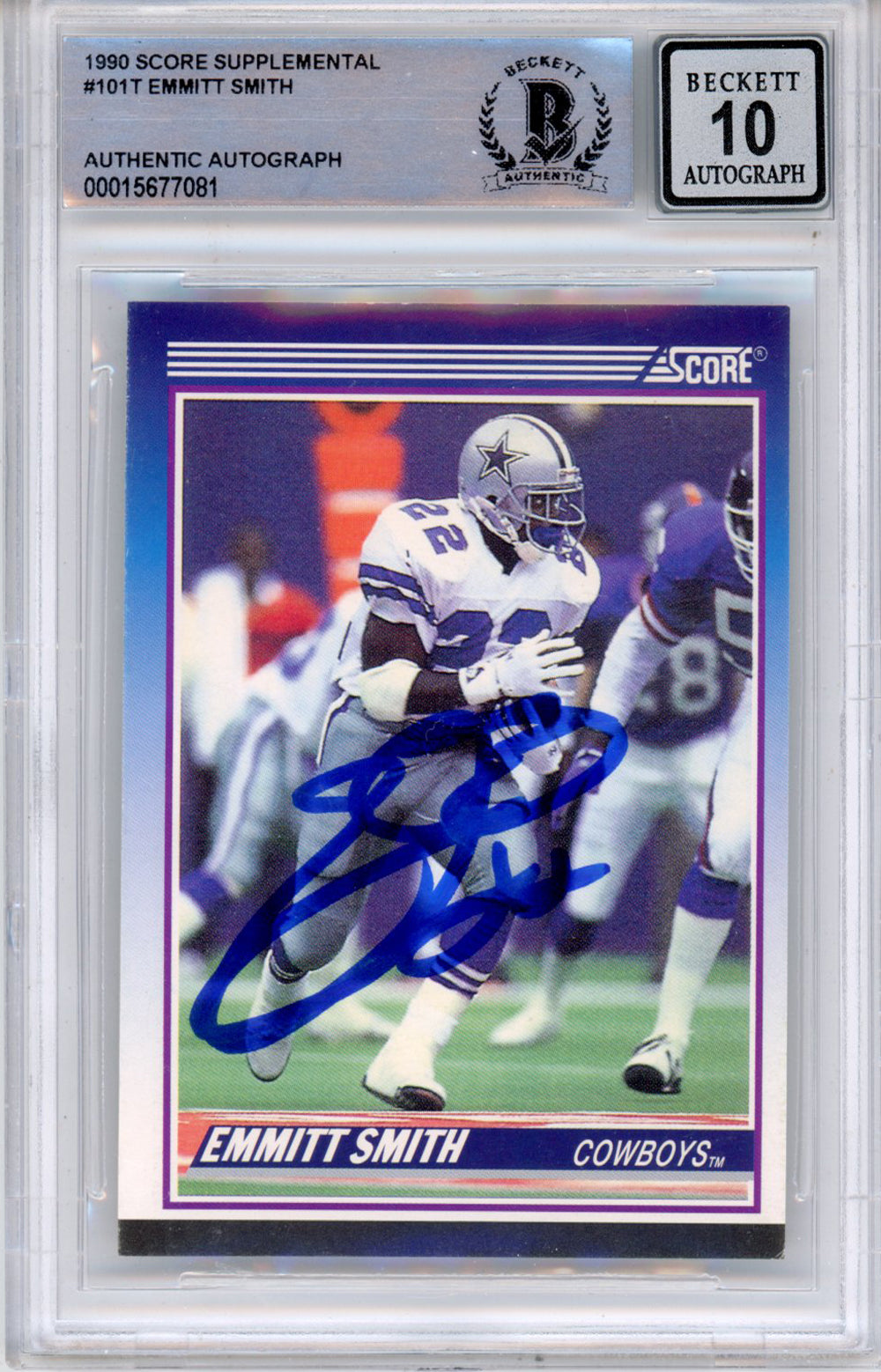 Emmitt Smith Dallas Cowboys Signed Card - 1990 Score Supplemental #101 (Grade 10) Slabbed Beckett - 39896-Powers Sports Memorabilia