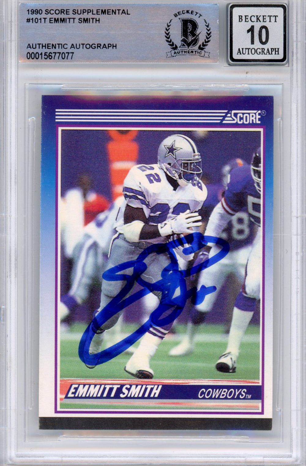 Emmitt Smith Dallas Cowboys Signed Card - 1990 Score Supplemental #101 (Grade 10) Slabbed Beckett - 39914-Powers Sports Memorabilia