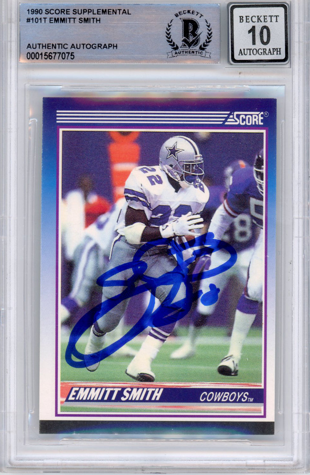 Emmitt Smith Dallas Cowboys Signed Card - 1990 Score Supplemental #101 (Grade 10) Slabbed Beckett - 39932-Powers Sports Memorabilia