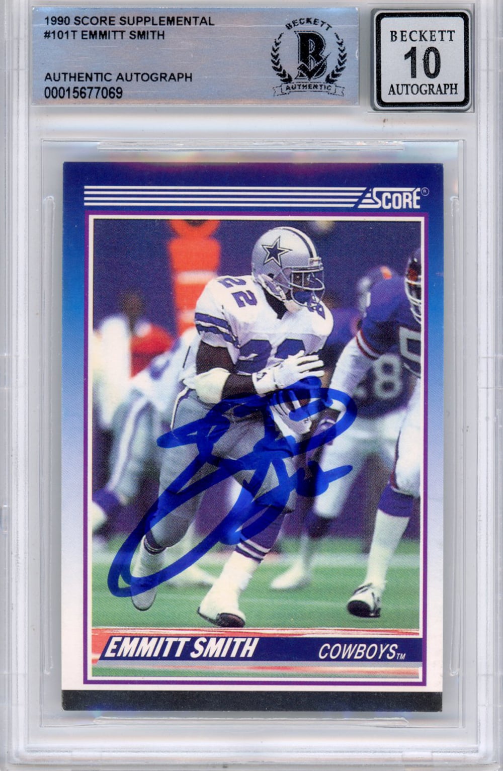 Emmitt Smith Dallas Cowboys Signed Card - 1990 Score Supplemental #101 (Grade 10) Slabbed Beckett - 39937-Powers Sports Memorabilia