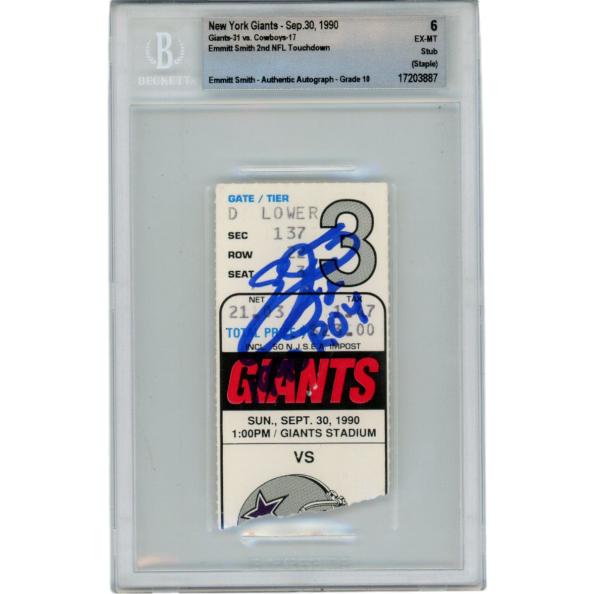 Emmitt Smith Dallas Cowboys Signed Card - 09/30/90 Ticket Stub ROY Beckett Beckett-Powers Sports Memorabilia