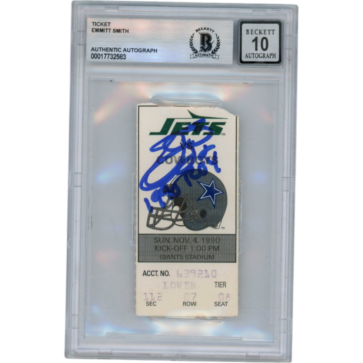 Emmitt Smith Dallas Cowboys Signed Card - 11/4/90 Ticket Slab ROY Beckett Beckett - 50001-Powers Sports Memorabilia