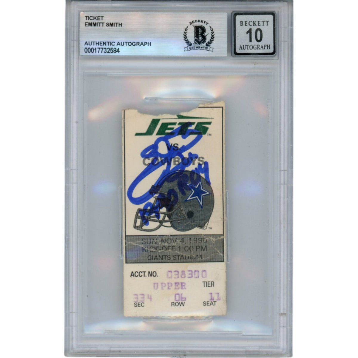 Emmitt Smith Dallas Cowboys Signed Card - 11/4/90 Ticket Slab ROY Beckett Beckett-Powers Sports Memorabilia