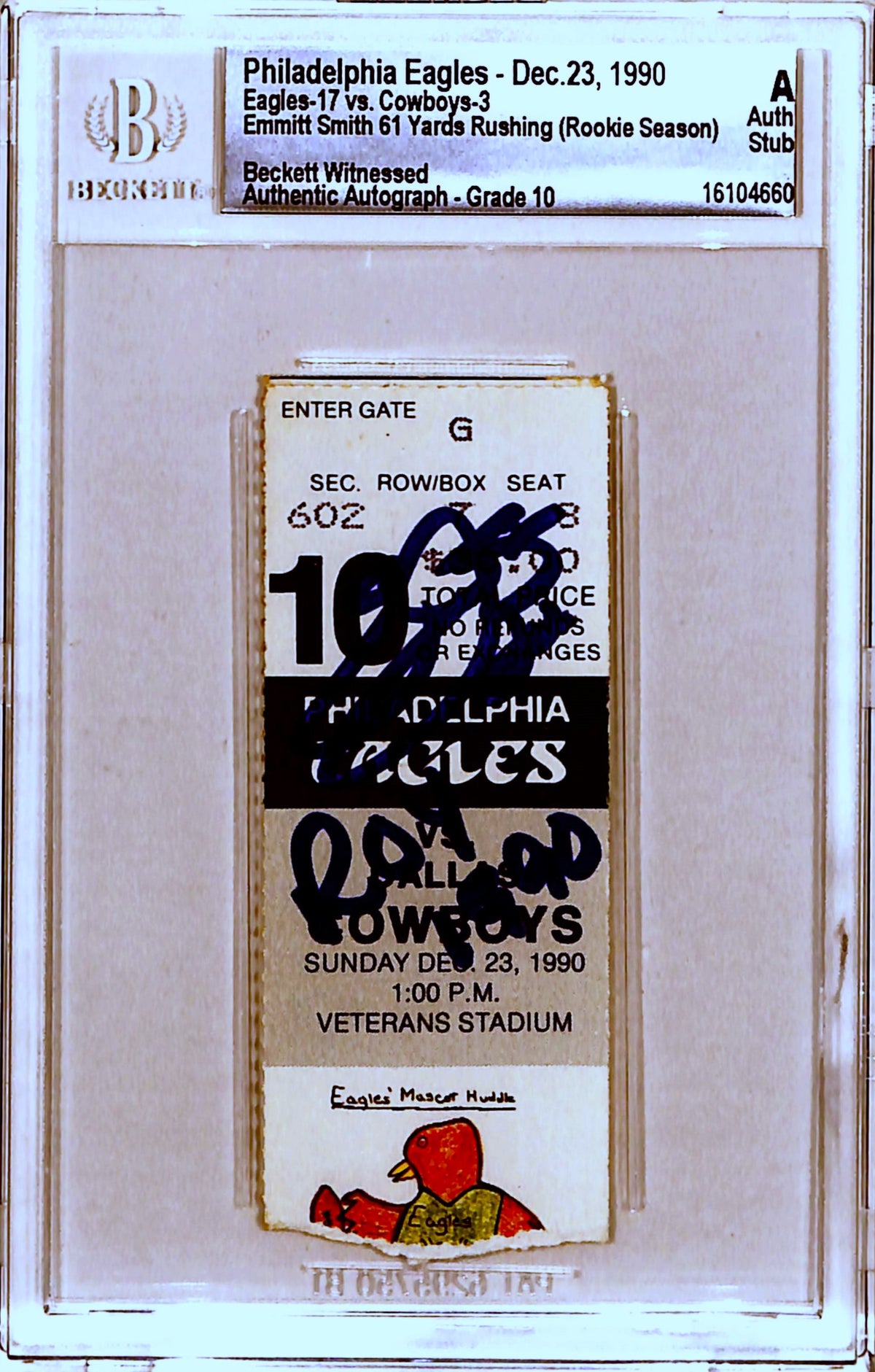 Emmitt Smith Dallas Cowboys Signed Card - Ticket Stub 12/23/90 ROY Beckett Slab Beckett-Powers Sports Memorabilia