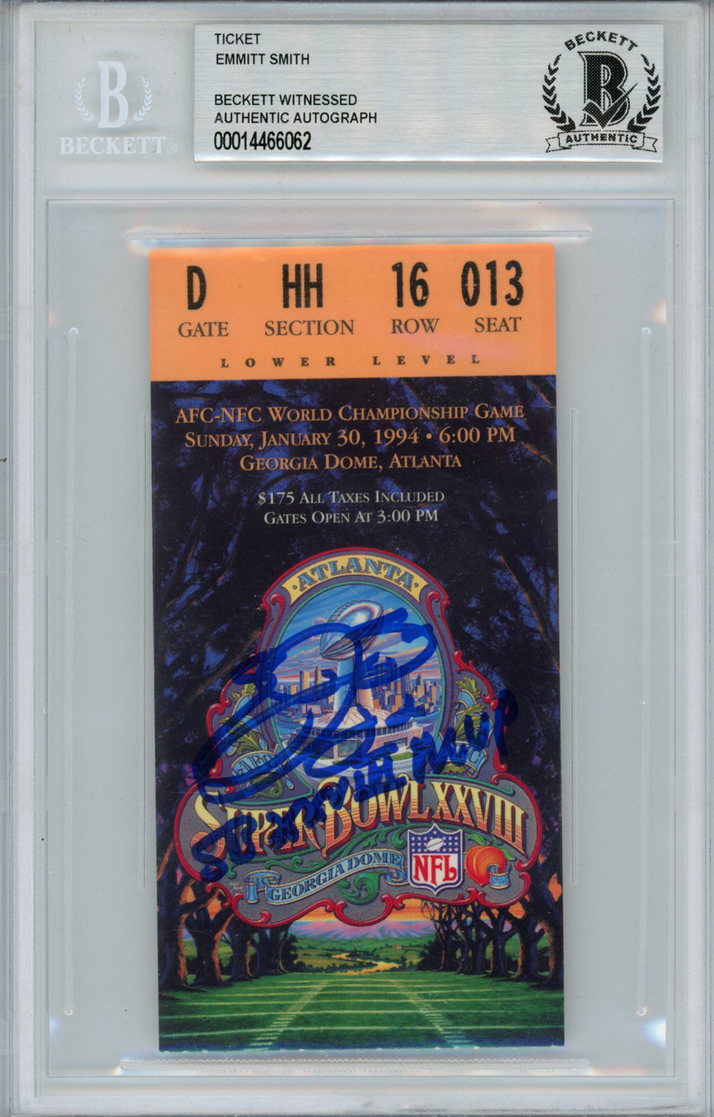 Emmitt Smith Dallas Cowboys Signed Card - Super Bowl XXVIII Ticket Stub MVP Beckett Slab Beckett - 38693-Powers Sports Memorabilia