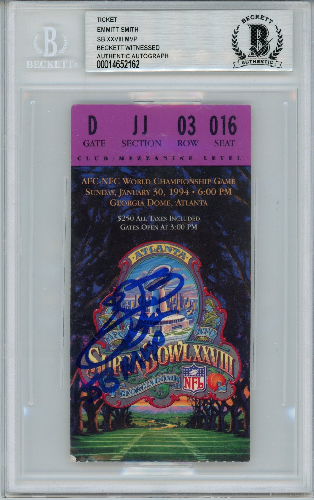 Emmitt Smith Dallas Cowboys Signed Card - Ticket SB XXVIII w/MVP BAS Slab Beckett-Powers Sports Memorabilia