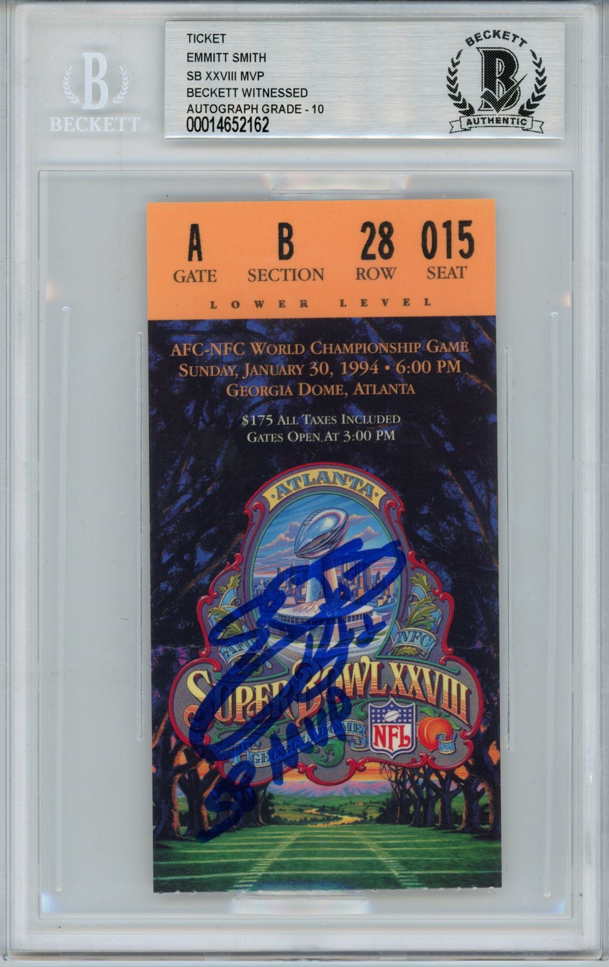 Emmitt Smith Dallas Cowboys Signed Card - Ticket SB XXVIII w/MVP BAS Slab Beckett - 39466-Powers Sports Memorabilia