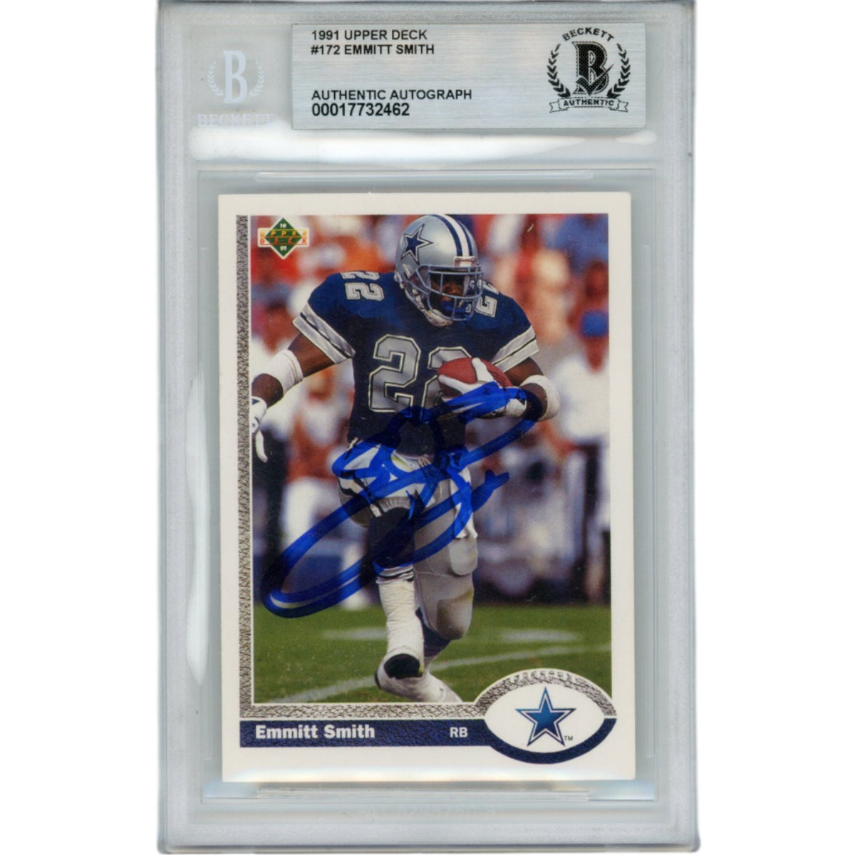 Emmitt Smith Dallas Cowboys Signed Card - 1991 Upper Deck #172 Slab Beckett Beckett-Powers Sports Memorabilia