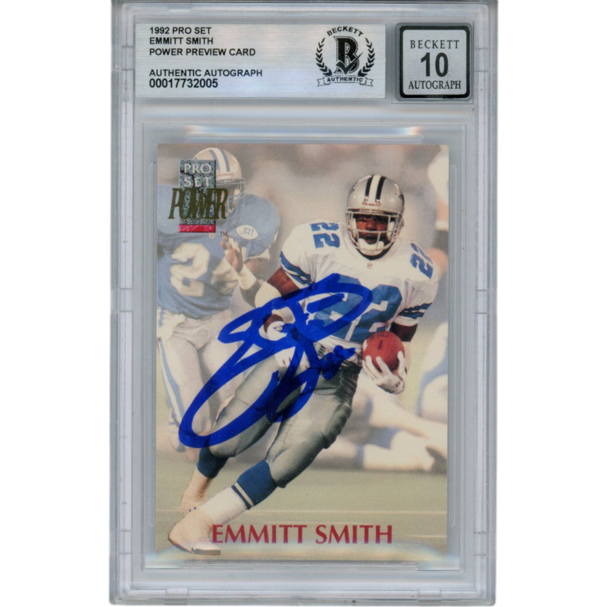 Emmitt Smith Dallas Cowboys Signed Card - 92 Pro Set Power 10 Auto Slab Beckett Beckett-Powers Sports Memorabilia
