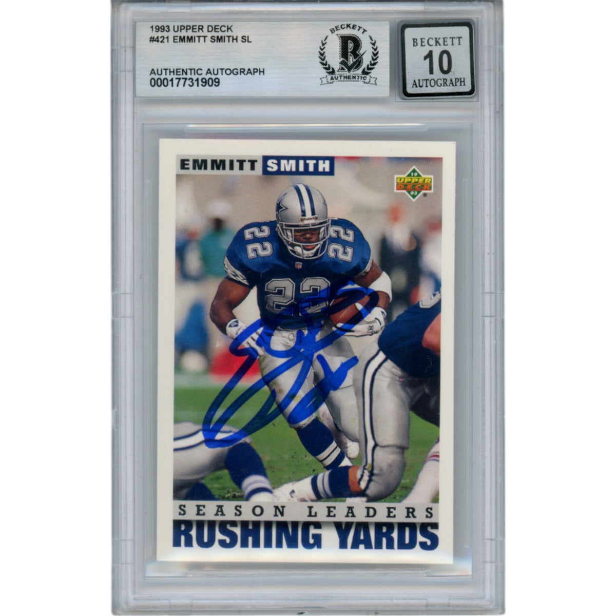 Emmitt Smith Dallas Cowboys Signed Card - 1993 Upper Deck #421 Slab Beckett Beckett-Powers Sports Memorabilia
